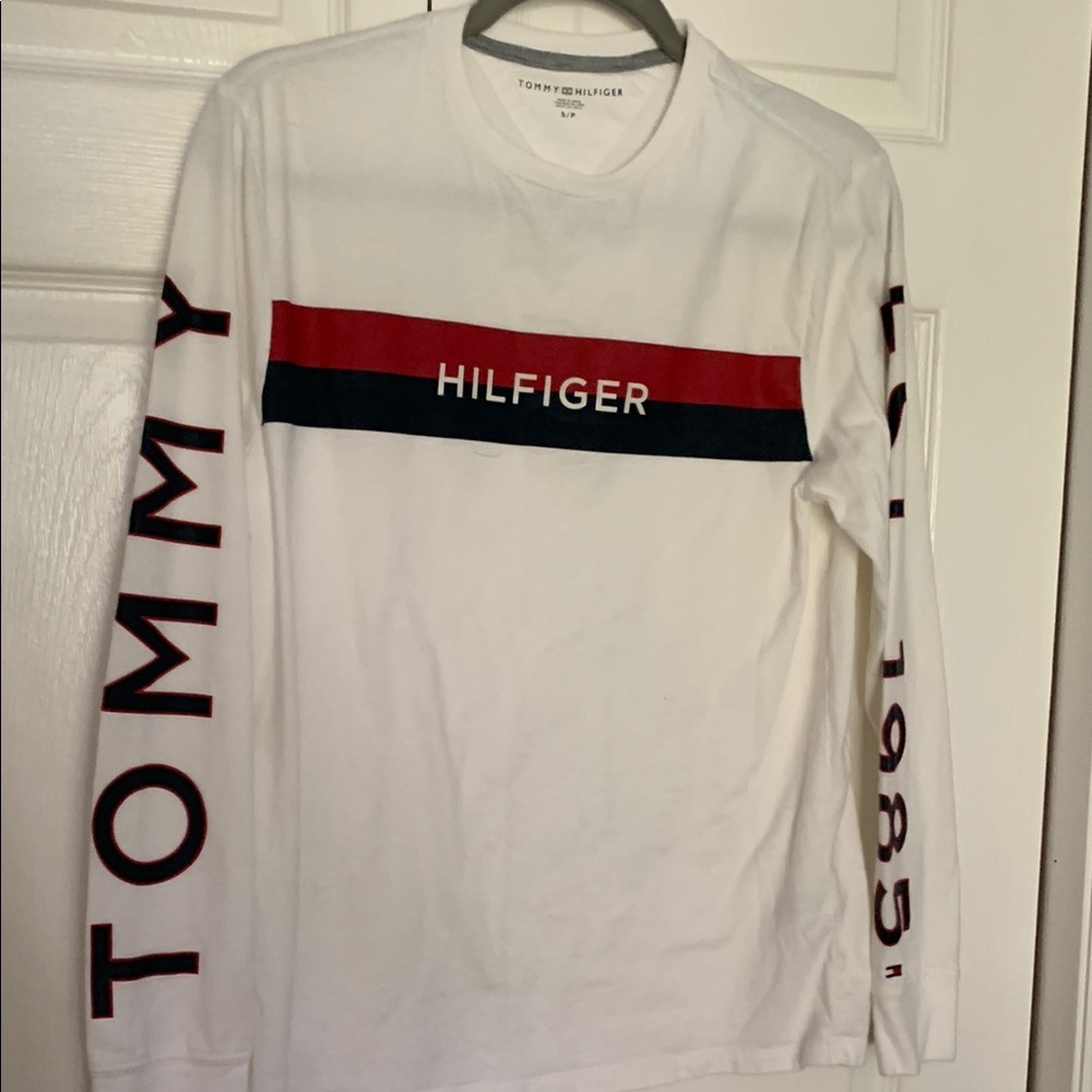 Tommy Hilfiger White Long Sleeve Tee with Red and Blue Accents